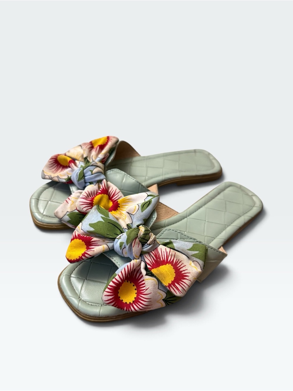 Women's Green Floral Quilted Padded Slide Sandals Bow Slip-On Leather 8.5